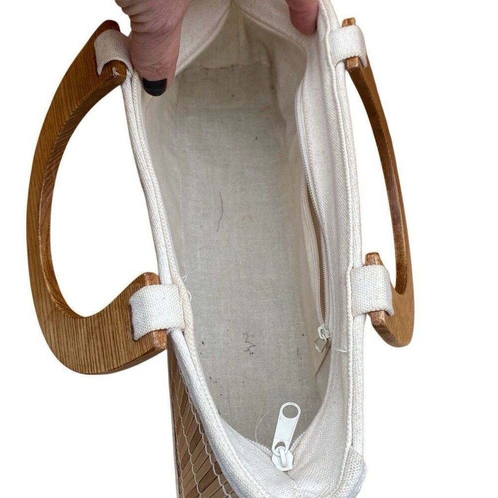 Bamboo Wood Slat Lined Purse, Handbag With Wood Handles Rectangle 13x6x4 - Picture 6 of 10